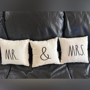 Rae Dunn 3 Throw Pillows Mr And Mrs - 11.5 By 11:5 Cream And Black